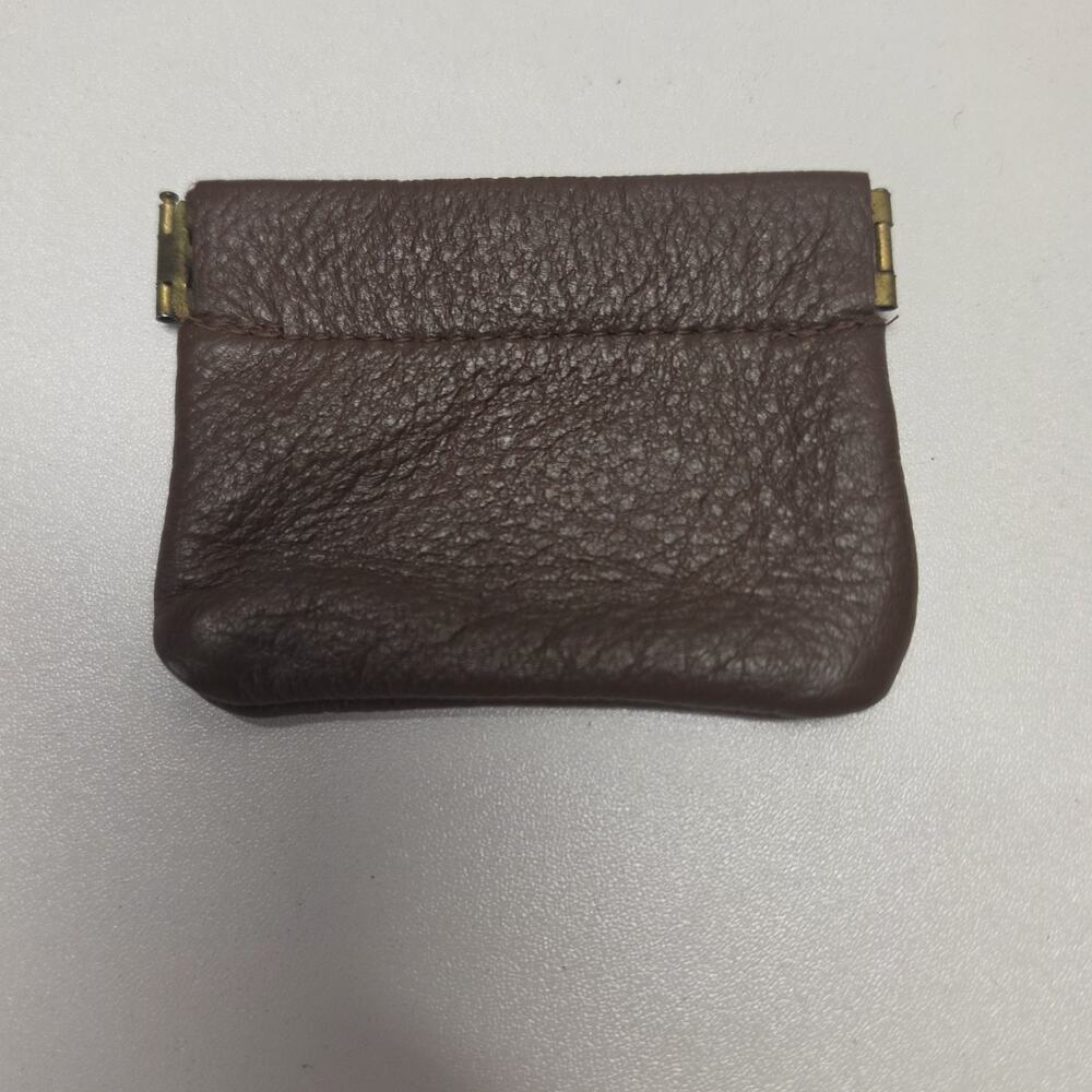 Vintage Brown Leather Squeeze Coin Purse Change Pouch Key Holder Spring Frame